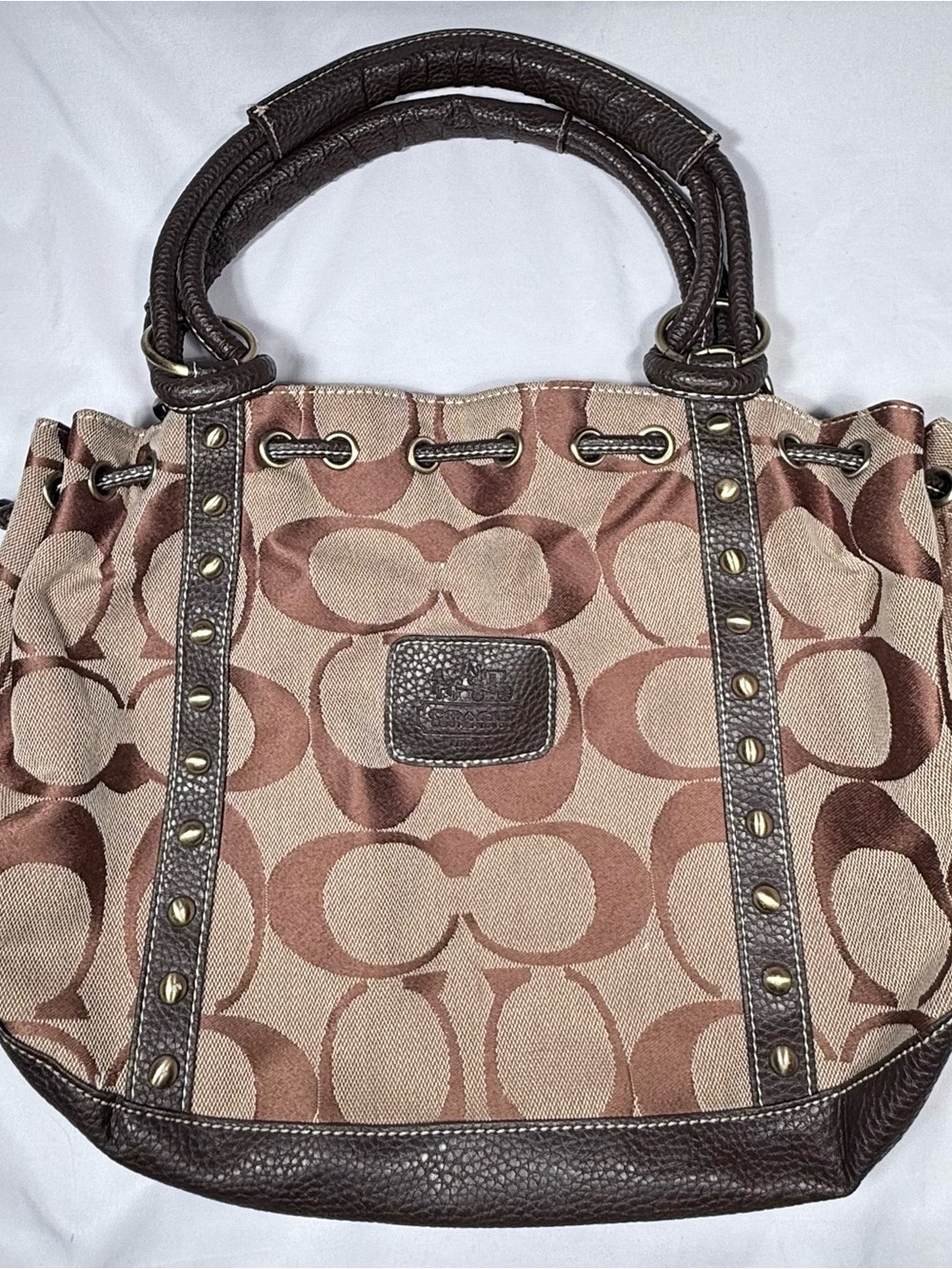 Coach Brown Signature Canvas Shoulder Bag with Dark Brown Leather Trim